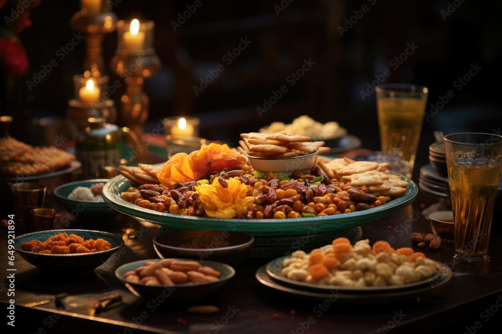 A festive table set with a variety of sweets and savory snacks, ready for a Diwali feast. Generative Ai.