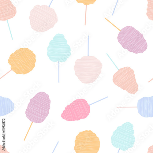 Flat vector seamless cartoon pattern with cotton candy. Sweet street food for kids and adults. Isolated design for printing on a white background.