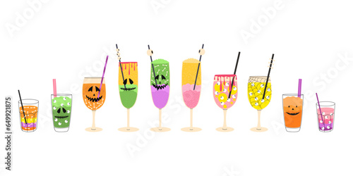 Flat vector cartoon cocktails for Halloween. Party drinks with various additives and ingredients. Isolated design for printing on a white background.