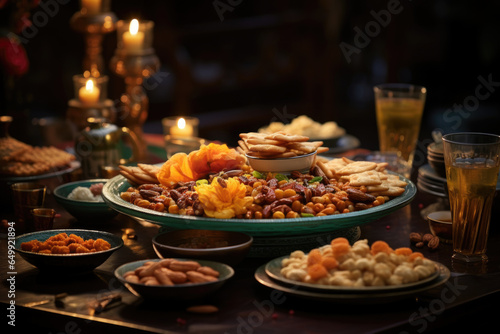 A festive table set with a variety of sweets and savory snacks  ready for a Diwali feast. Generative Ai.