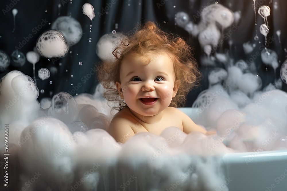 Happy baby boy playing with soap bubbles in bathtub. Child having fun in water. Happy baby boy playing with soap bubbles in bathtub. Child having fun in water.