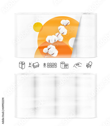 Paper rolls package mockup with sample. Vector illustration isolated on white background. Front view. Can be use for template your design, presentation, promo, ad. EPS10.
