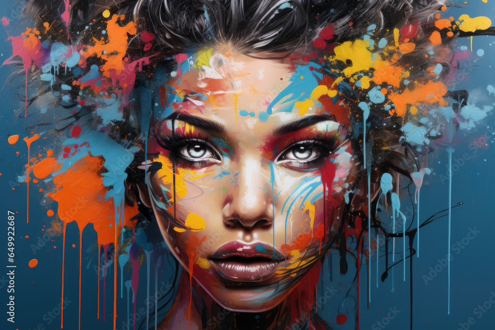 Obraz premium A contemporary street art mural filled with vibrant graffiti and urban imagery. Generative Ai.