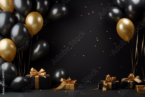 Luxury, gold and black balloons, serpentine, ribbons, dark gradient background. Birthday greetings from everyone. Generative AI