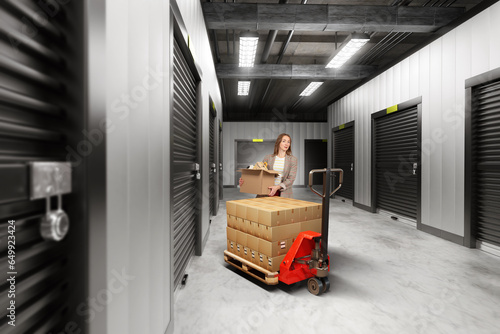 Woman near storage unit. Gi...