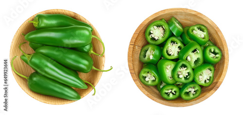 jalapeno pepper in wooden bowl isolated on white background. Green chili pepper. Top view. Flat lay
