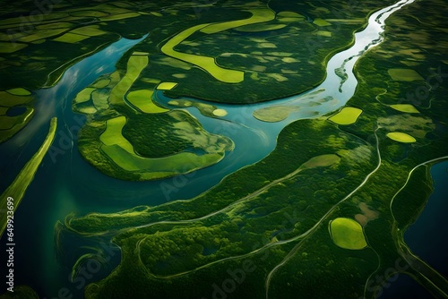 aerial view of a river delta with lush green vegetation and winding waterways Generative AI