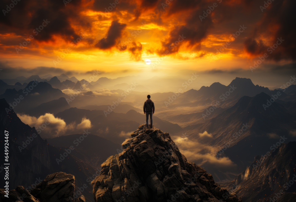 A man standing on top of a mountain at sunset