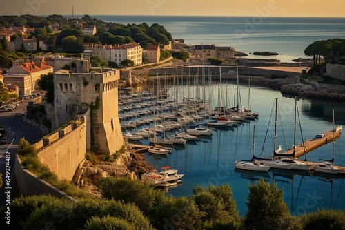 Morning view of coastal town and port in France. Generative AI