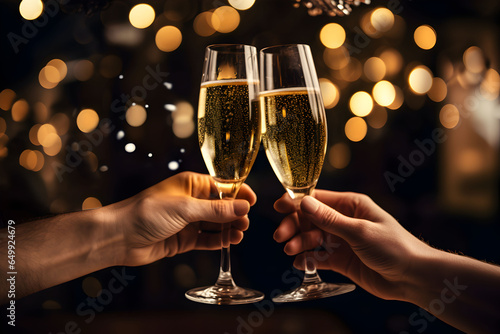 Hands of young couple holding champagne glasses on festive gold glowing bokeh background. Celebration background with sparkling wine.