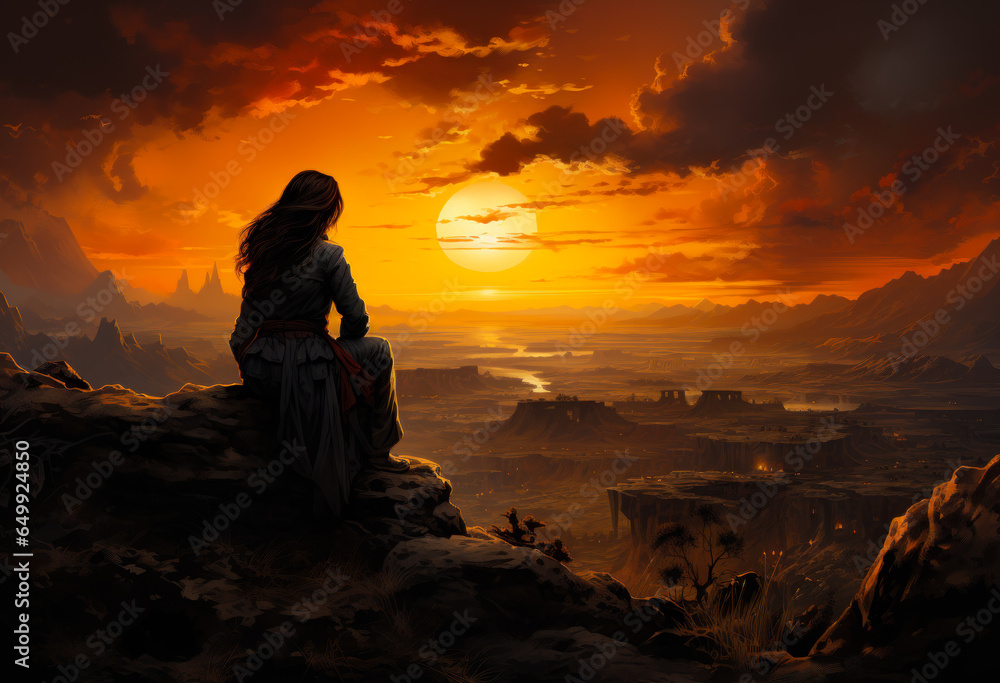A woman sitting on a rock, enjoying a beautiful sunset A woman sitting on a rock, enjoying a beautiful sunset