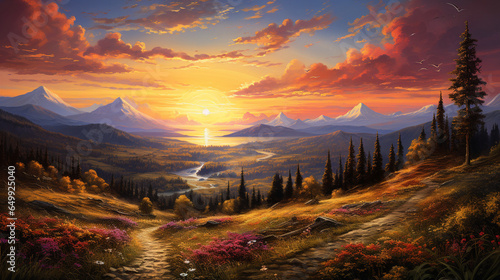  Crimson Peaks   A contemporary rendering of a mountain sunset. Vivid  sweeping brushstrokes and a warm  fiery palette evoke the awe-inspiring spectacle. The sun s descent behind t