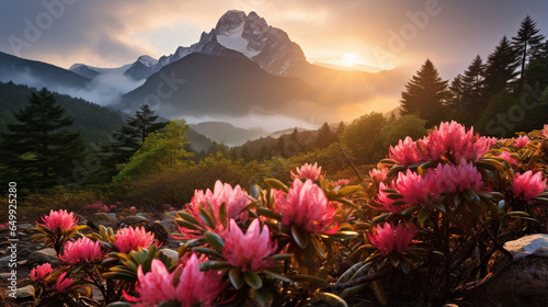 Vibrant rhododendron bursts with color against mist-kissed peaks. Nature's crescendo, an ode to mountain majesty. Serenity in bloom. © Julia