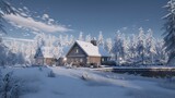  a house in the middle of a snow covered field with trees in the background.  generative ai