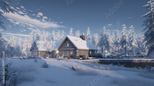  a house in the middle of a snow covered field with trees in the background. generative ai
