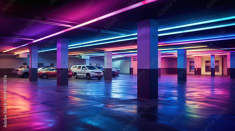 Modern fantastic underground parking in blue and purple colors. Modern fantastic underground parking in blue and purple colors.
