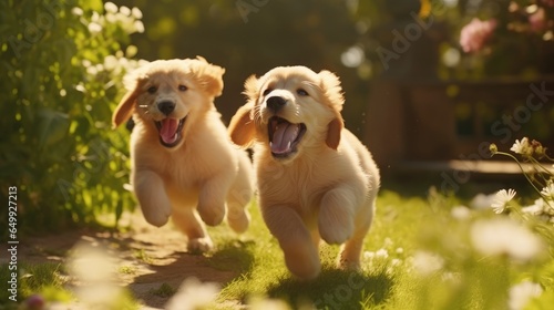  Golden Retriever puppies tumbling and playing in a garden