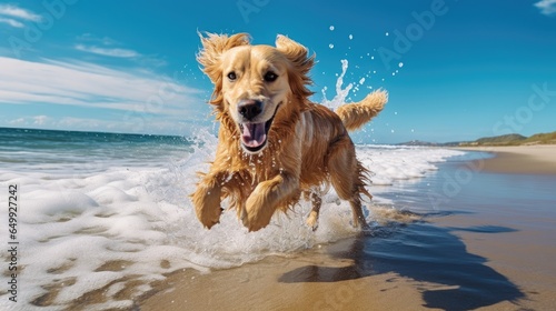 Golden Retriever playfully chasing waves on a sandy beach