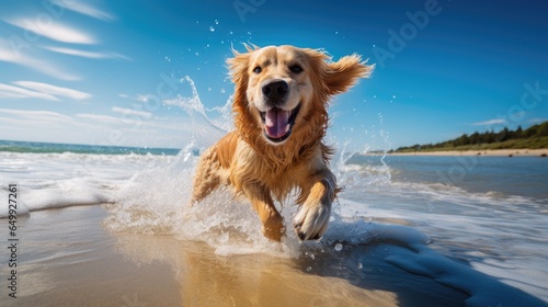 Golden Retriever playfully chasing waves on a sandy beach