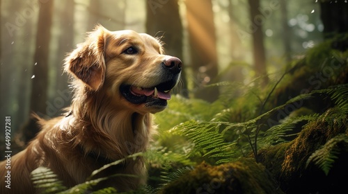 Golden Retriever exploring a dense forest