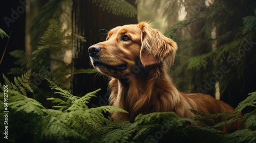 Golden Retriever exploring a dense forest