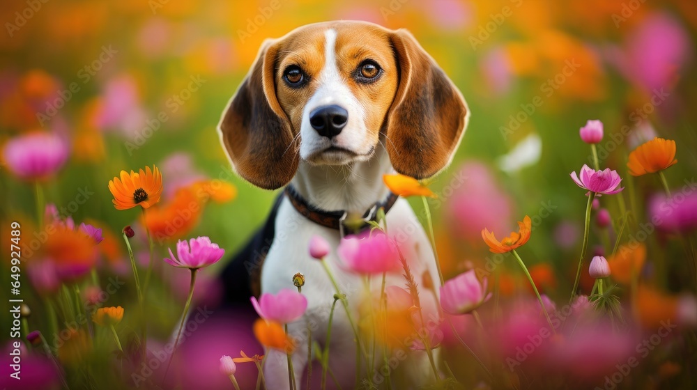 Beagle sniffing around a blooming meadow Beagle sniffing around a blooming meadow