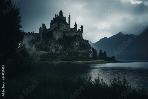 Stampa su tela An ominous fortress amidst mountains overlooking a lake, featuring gothic architecture and enveloped in darkness and magic
