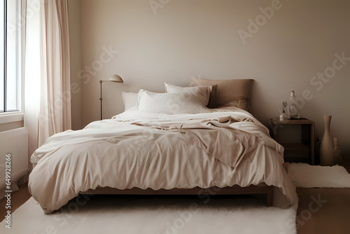 Aesthetic composition of King-size bed with beige bed linen in adorable bedroom. Low view © indofootage