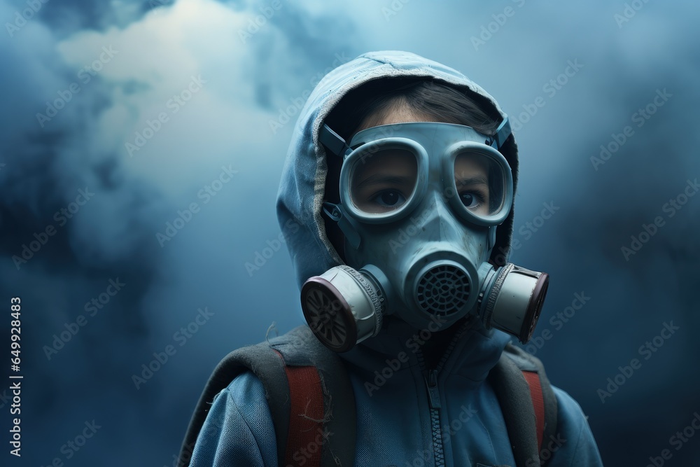 Child with mask in front of an industry with smoke in the background, pollution scene. Generative AI Child with mask in front of an industry with smoke in the background, pollution scene. Generative AI