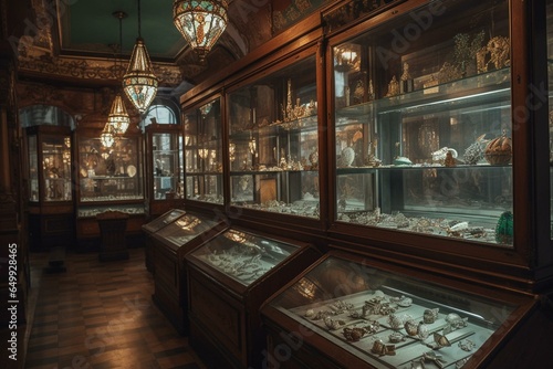 An old-fashioned jewelry shop displaying unique pieces in glass showcases and shelves. Generative AI