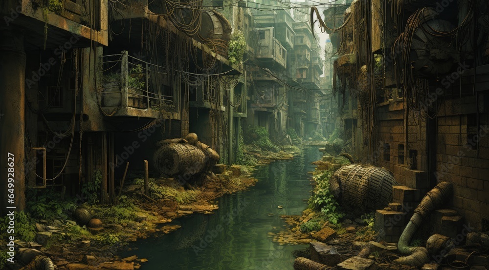 City full of garbage and sewage in the middle, pollution of the environment. Generative AI