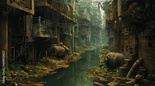City full of garbage and sewage in the middle  pollution of the environment. Generative AI