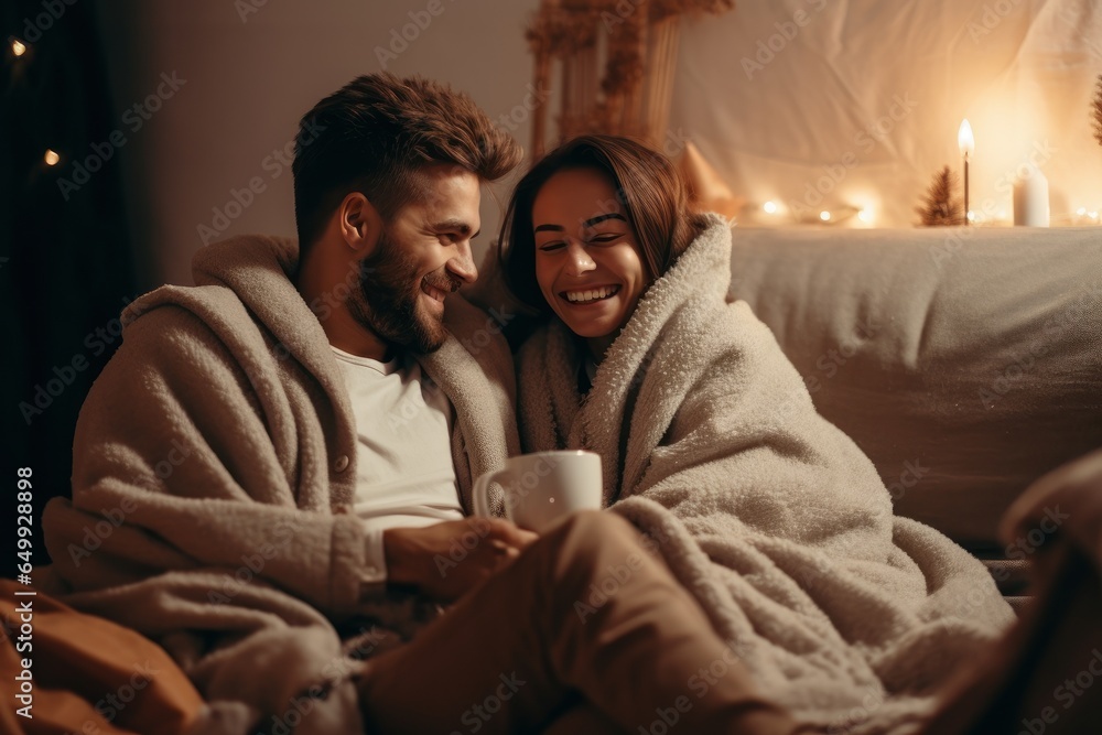 Cheerful young men sipping their coffee while wrapped in warm blankets on the couch at home. The room emanates a cozy autumn-winter atmosphere, with soft lighting casting a gentle glow. Gay couple. - obrazy, fototapety, plakaty 
