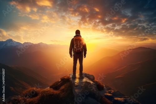 trekker man standing on the top of a mountain looking to the horizon at sunset
