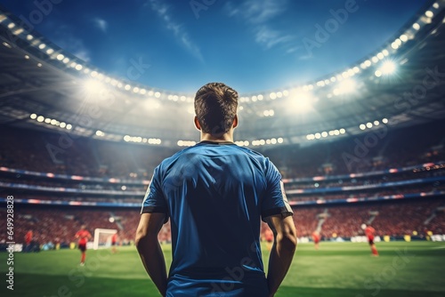 soccer player seen from behind contemplating the whole football stadium full of fans