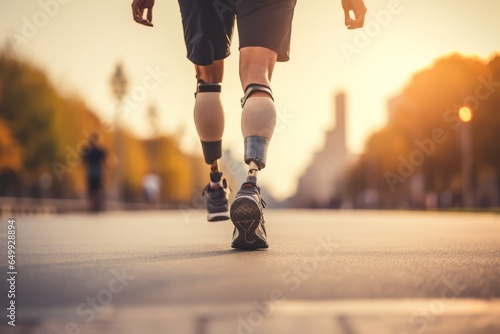 man with prosthetic legs walking on the street photo