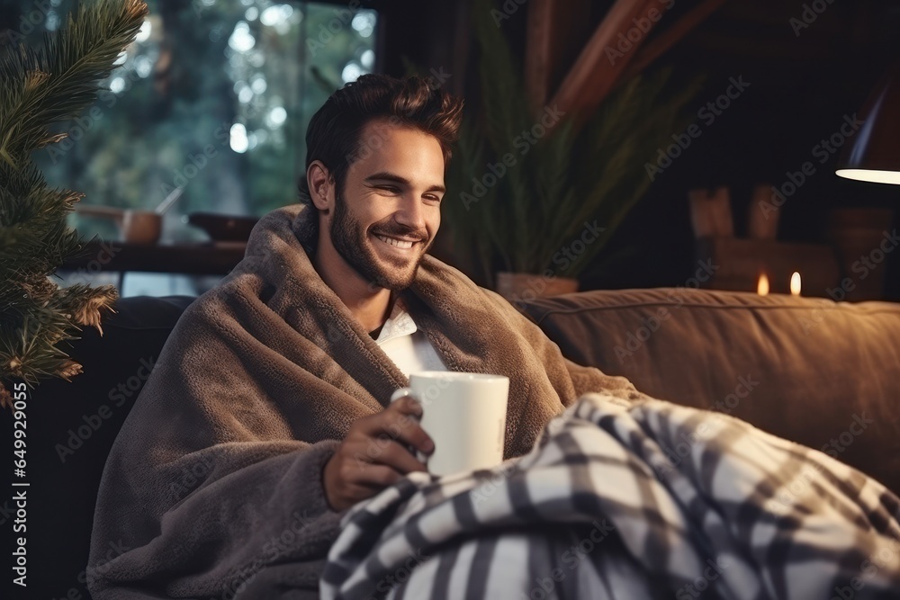 Cheerful young man sipping his coffee while wrapped in a warm blanket on the couch at home. The room emanates a cozy autumn-winter atmosphere, with soft lighting casting a gentle glow. Generative ai.