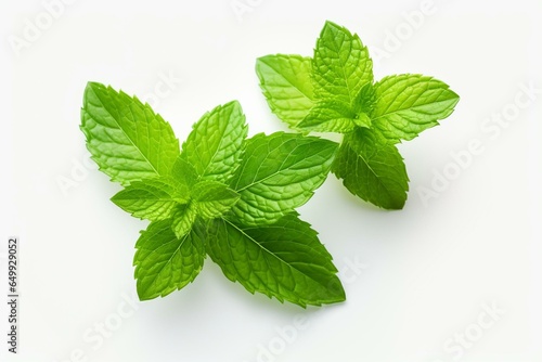 Fresh mint leaves on a simple white background. Generative AI