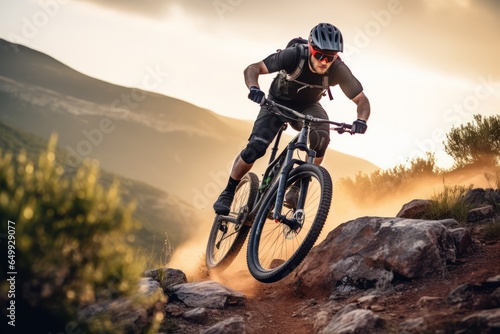 mountain biker practicing downhill with full protection equipment