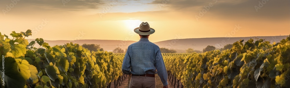 Man with his back in the middle of a plantation, sunset in the background. Generative AI Man with his back in the middle of a plantation, sunset in the background. Generative AI