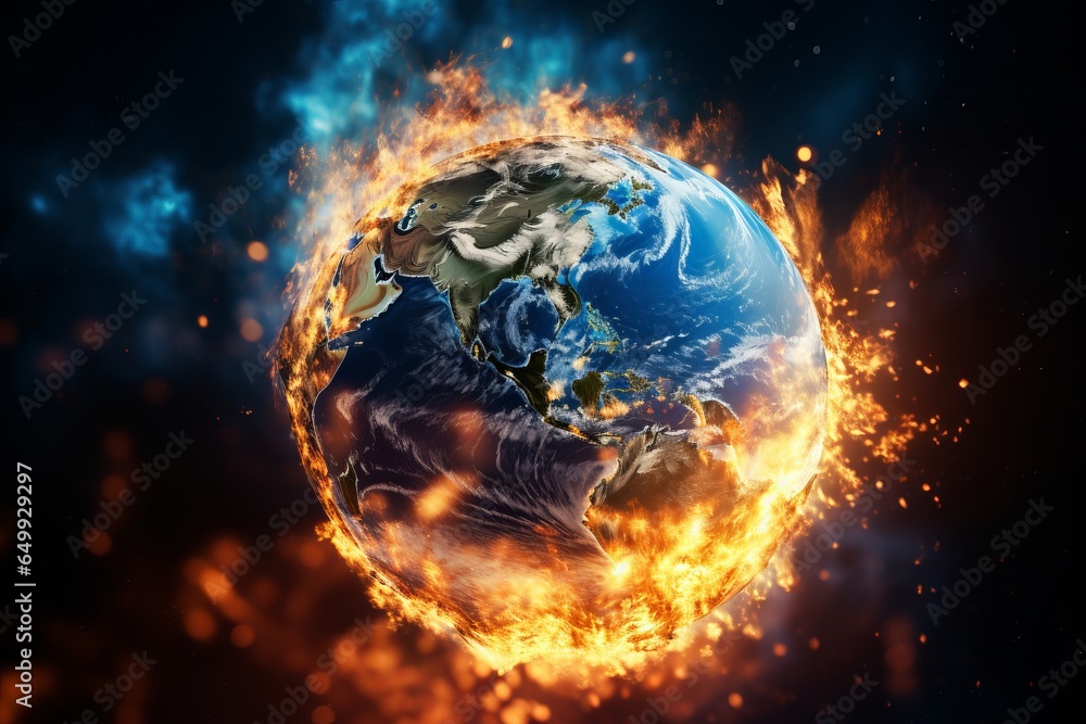 planet earth burning in flames caused by global warming - obrazy, fototapety, plakaty 