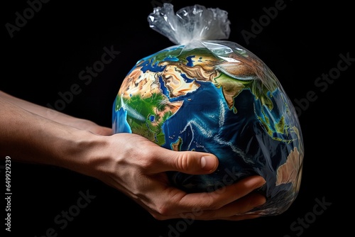Hand holding a plastic bag with planet Earth inside, black background. Generative AI