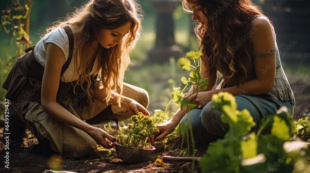 Obraz premium Two women working in a vegetable plantation. Generative AI