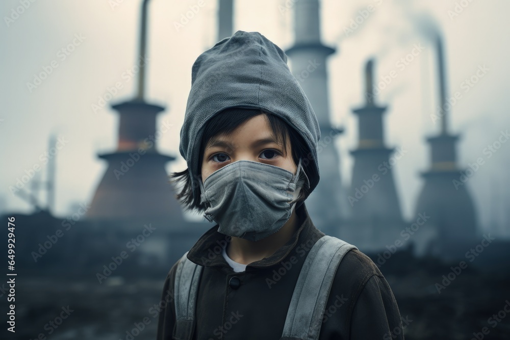Child with mask in front of an industry with smoke in the background, pollution scene. Generative AI Child with mask in front of an industry with smoke in the background, pollution scene. Generative AI