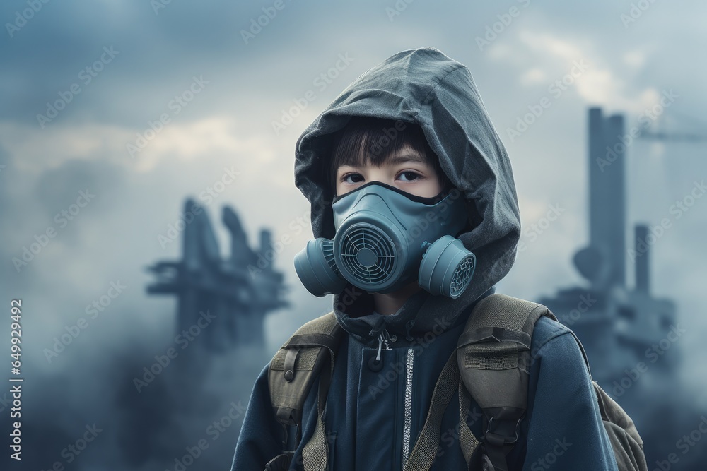 Child with mask in front of an industry with smoke in the background, pollution scene. Generative AI Child with mask in front of an industry with smoke in the background, pollution scene. Generative AI