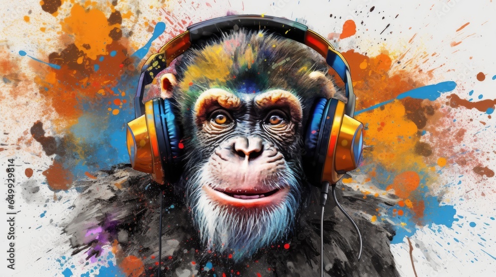 candid shot of an excited party monkey ape with headphones. beautiful Generative AI AIG32 - obrazy, fototapety, plakaty 