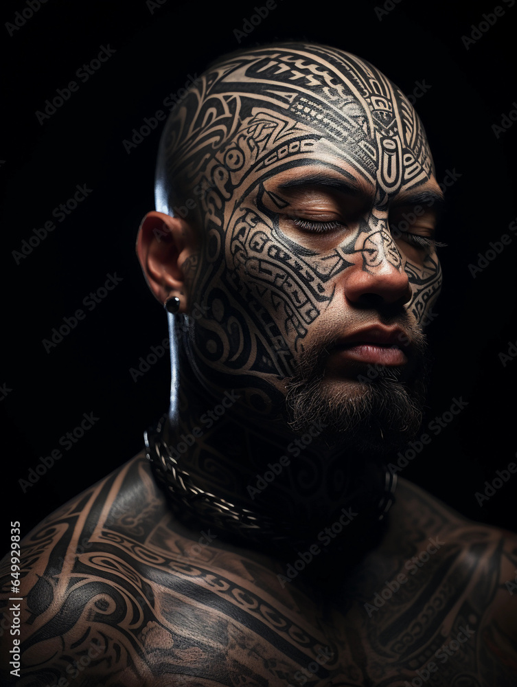 Maori tattoo covering the face and neck, dark background, soft sidelight to capture intricate details Maori tattoo covering the face and neck, dark background, soft sidelight to capture intricate details
