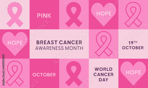 Breast Cancer Awareness Month. Vector greeting card, banner, poster, cover. Trendy design with pink ribbons, heart and typography. Modern geometric minimalist style.