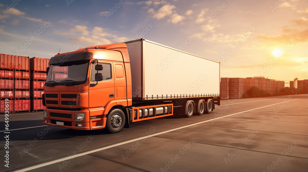 Truck Loaded with Goods Leaving a Distribution Center, Logistics Truck Loaded with Goods Leaving a Distribution Center, Logistics