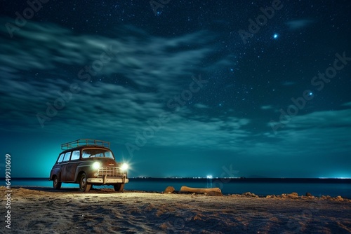 Car parked beach, Milky Way sky night. Generative AI